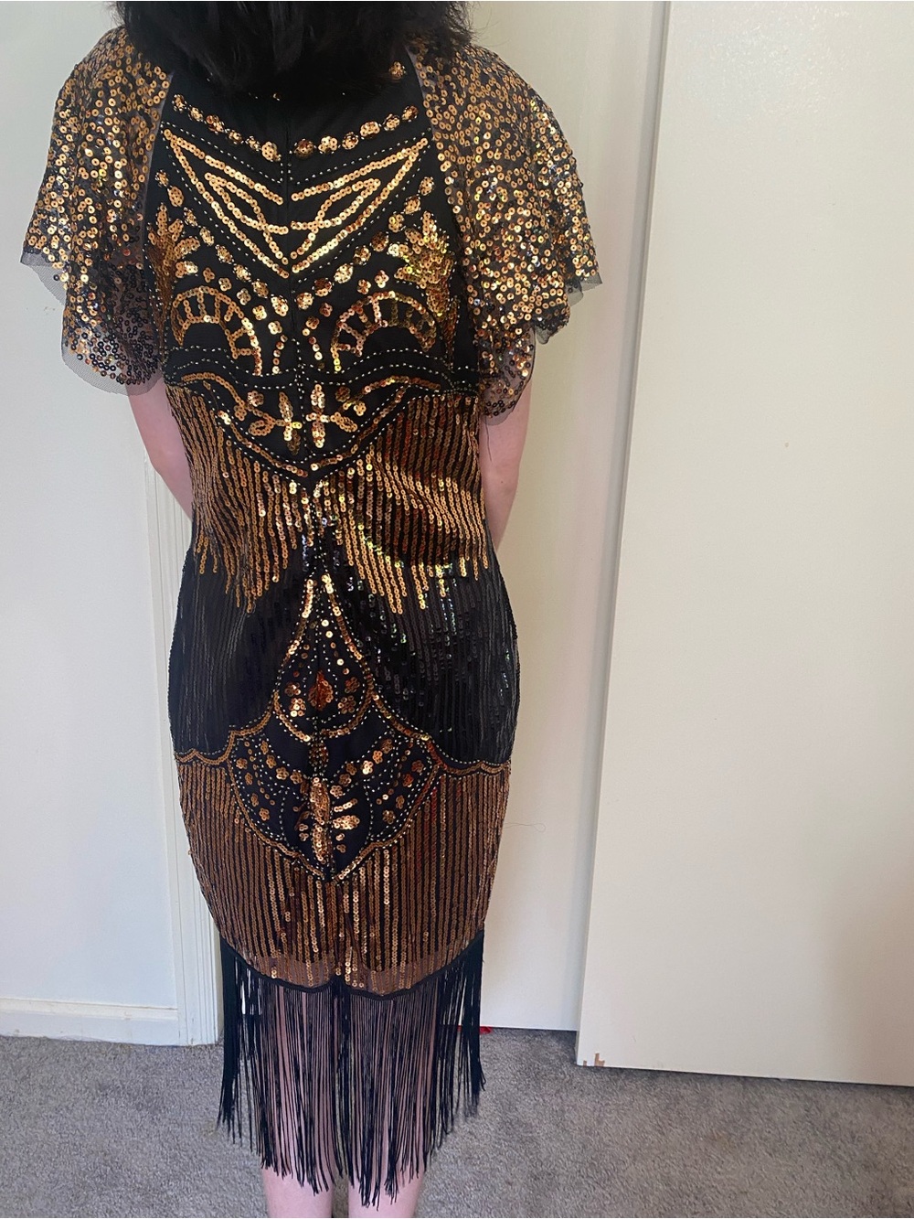 Size Small 1920s Flapper Black & Gold Sequin Fringe Midi Dress party Halloween - Picture 8 of 14